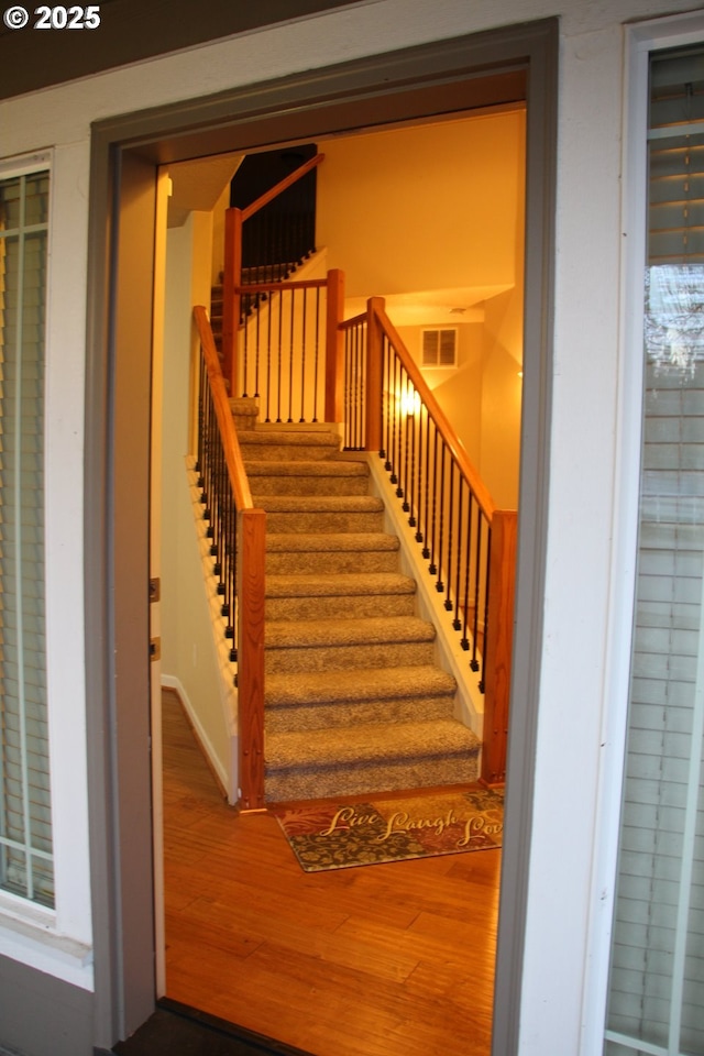 staircase with hardwood / wood-style flooring