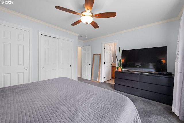 carpeted bedroom featuring ornamental molding, a closet, ceiling fan, and baseboards