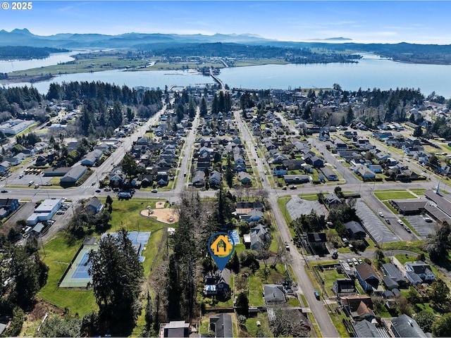 bird's eye view featuring a water and mountain view