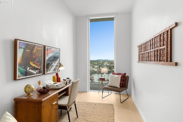 office space featuring floor to ceiling windows, a water view, and light hardwood / wood-style flooring