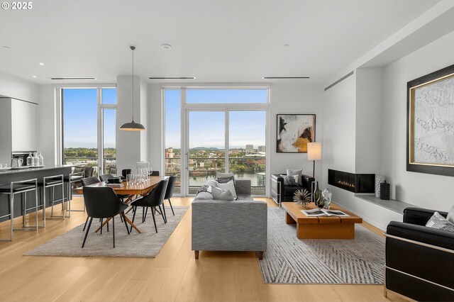 living room with a water view, light hardwood / wood-style flooring, and a wall of windows