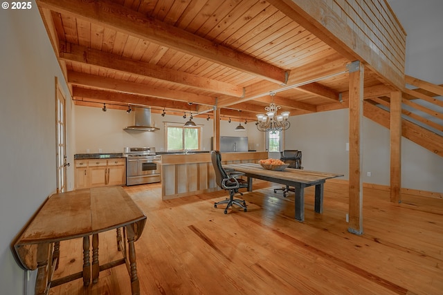 office area featuring beamed ceiling, a notable chandelier, wooden ceiling, and light wood finished floors