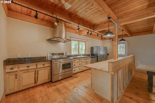 kitchen with wood ceiling, track lighting, light brown cabinets, stainless steel appliances, and extractor fan