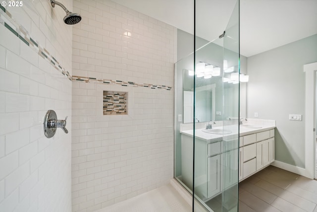 80654 Polo Ridge Rd, Warrenton, OR 97146 - bathroom featuring a tile shower, tile patterned floors, and double vanity