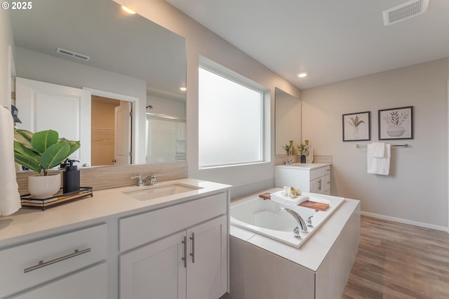 bathroom featuring shower with separate bathtub, vanity, and hardwood / wood-style flooring