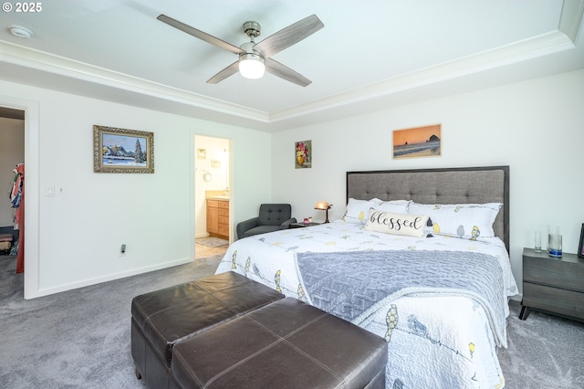 616 E 13th Pl, Lafayette, OR 97127 - carpeted bedroom with a raised ceiling, connected bathroom, and a ceiling fan