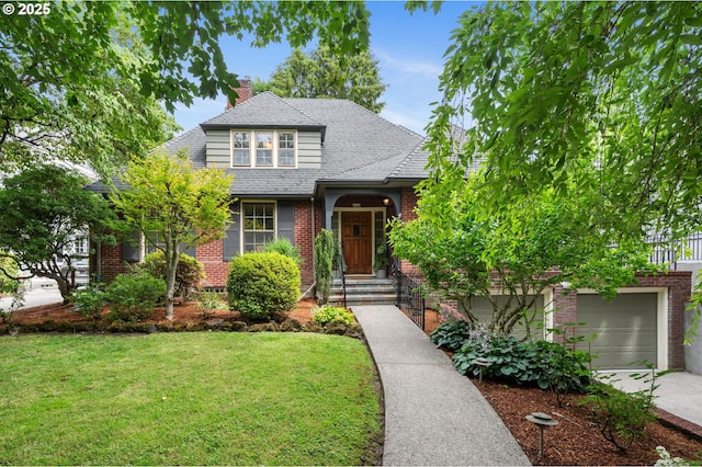 6040 SE 32nd Ave, Portland, OR 97202 - view of front of house featuring brick siding, a front yard, concrete driveway, a chimney, and a shingled roof