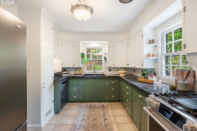 6040 SE 32nd Ave, Portland, OR 97202 - kitchen with open shelves, green cabinets, stainless steel appliances, white cabinets, and crown molding