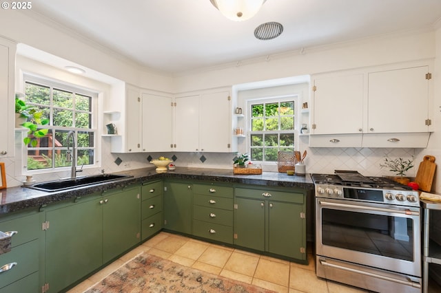 6040 SE 32nd Ave, Portland, OR 97202 - kitchen featuring open shelves, gas stove, white cabinets, tasteful backsplash, and crown molding