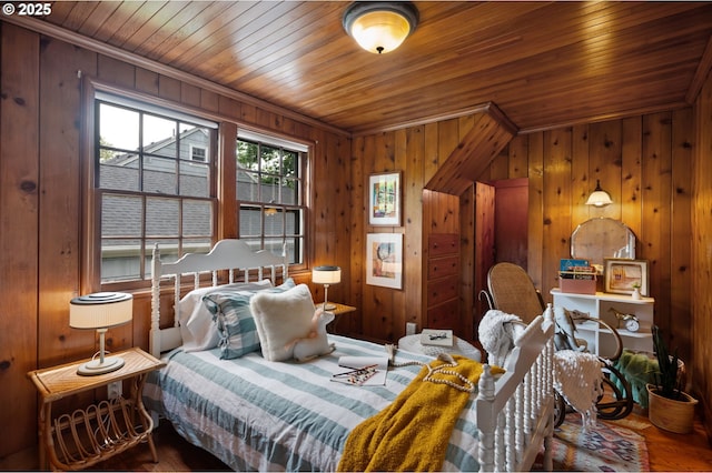 6040 SE 32nd Ave, Portland, OR 97202 - bedroom featuring wooden ceiling, wood finished floors, crown molding, and wood walls