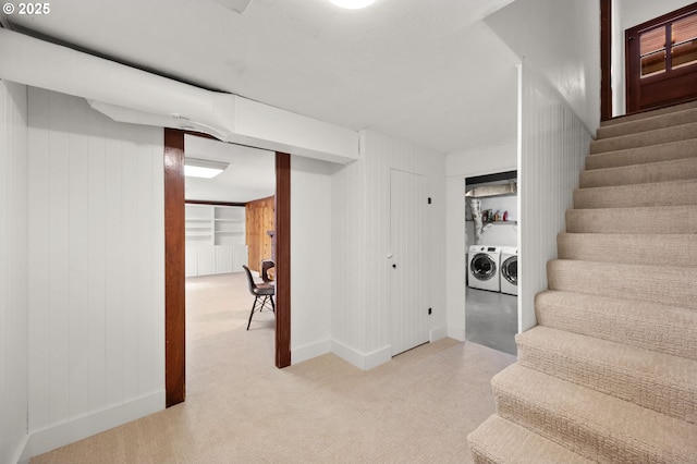 6040 SE 32nd Ave, Portland, OR 97202 - stairway featuring carpet flooring and washing machine and clothes dryer