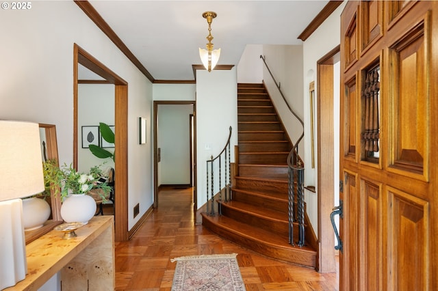 6040 SE 32nd Ave, Portland, OR 97202 - foyer featuring ornamental molding and stairway