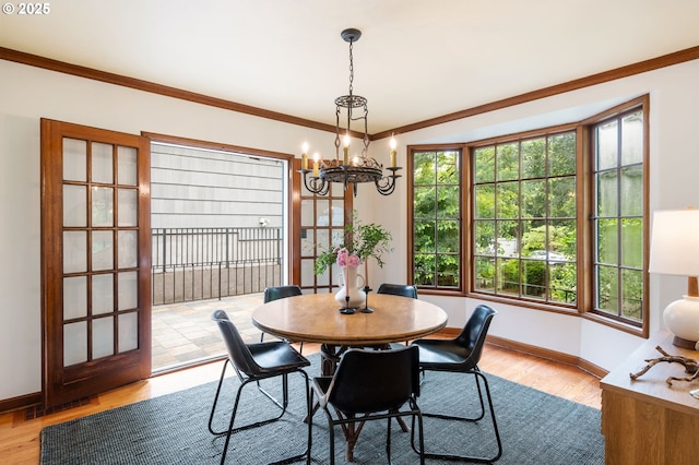 6040 SE 32nd Ave, Portland, OR 97202 - dining area featuring a chandelier, wood finished floors, and crown molding