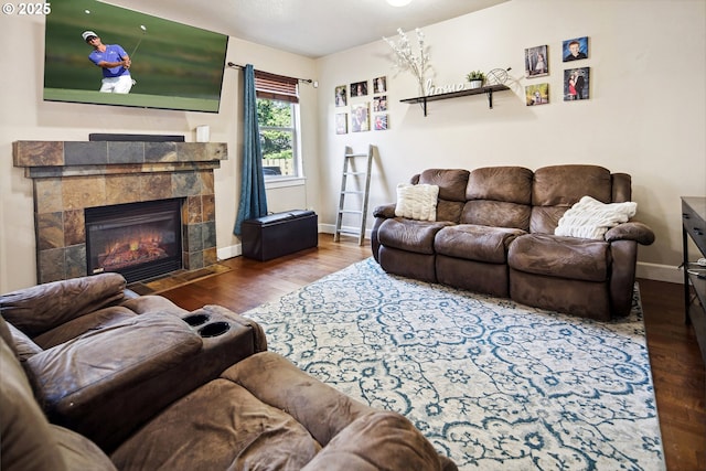 19459 Leland Rd, Oregon City, OR 97045 - living room featuring wood finished floors, baseboards, and a tile fireplace