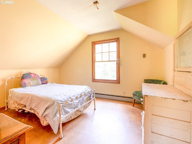 66756 Waymire Rd, North Bend, OR 97459 - bedroom with a baseboard heating unit, vaulted ceiling, and light floors