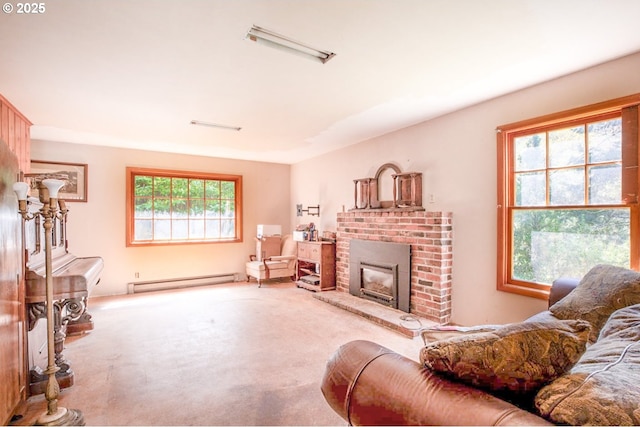 66756 Waymire Rd, North Bend, OR 97459 - living area featuring a baseboard heating unit, a brick fireplace, and carpet floors