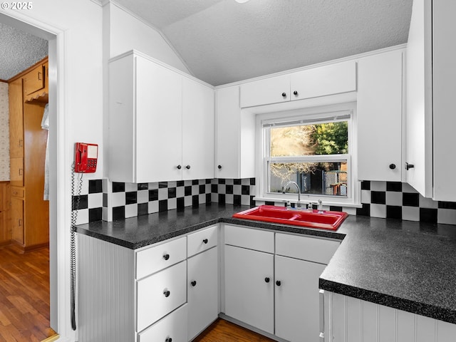 kitchen featuring backsplash, vaulted ceiling, sink, and white cabinetry