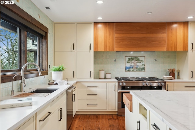kitchen with a sink, appliances with stainless steel finishes, recessed lighting, wood finished floors, and backsplash