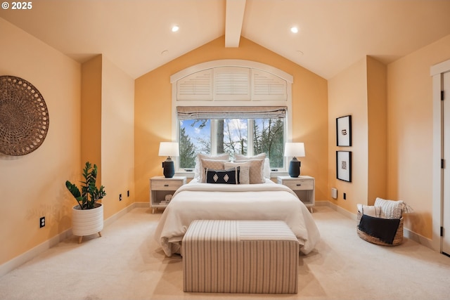 bedroom featuring baseboards, recessed lighting, light carpet, and lofted ceiling with beams