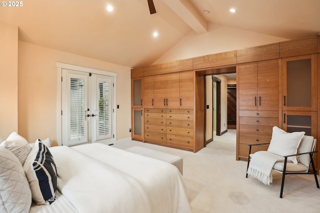 bedroom with lofted ceiling with beams, recessed lighting, light carpet, access to exterior, and french doors