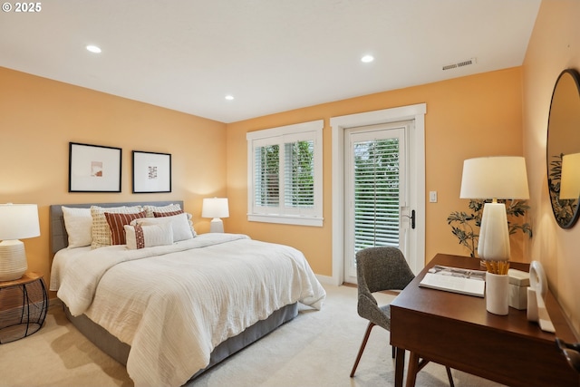 bedroom featuring access to outside, light colored carpet, visible vents, recessed lighting, and baseboards
