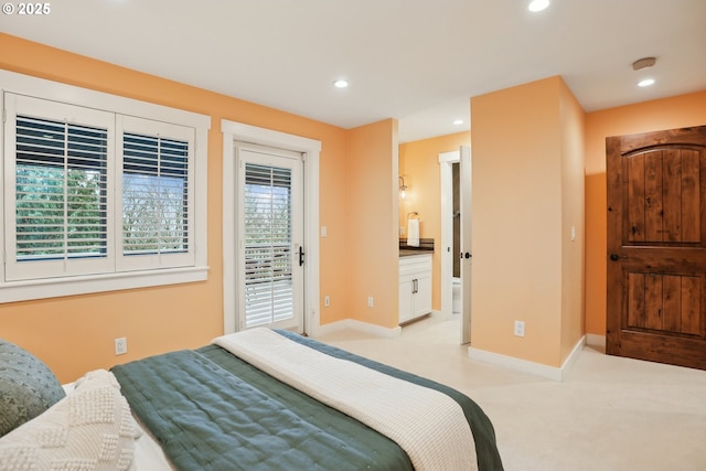 bedroom with light carpet, recessed lighting, access to exterior, and baseboards