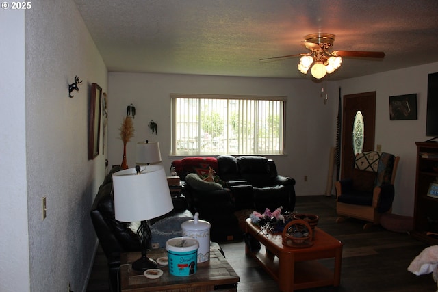 1783 View St, Myrtle Point, OR 97458 - living room featuring ceiling fan, wood finished floors, a textured wall, and a textured ceiling