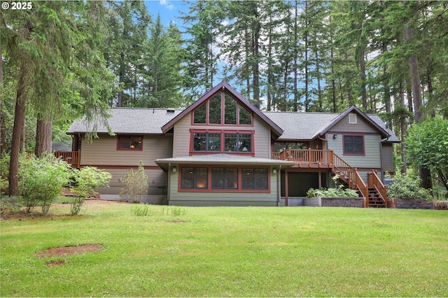 24780 Lavell Rd, Junction City, OR 97448 - back of house featuring a lawn, stairway, a deck, and roof with shingles