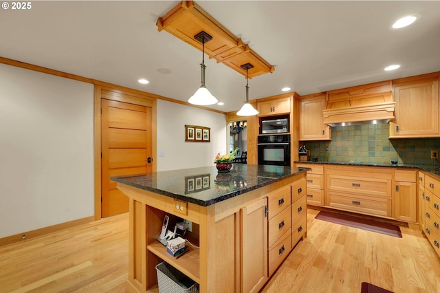 24780 Lavell Rd, Junction City, OR 97448 - kitchen featuring black oven, open shelves, light wood-type flooring, recessed lighting, and decorative backsplash