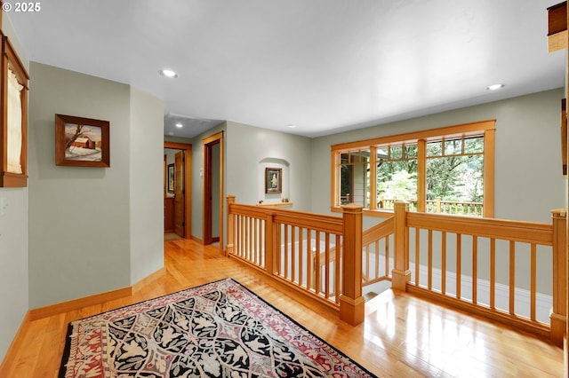 24780 Lavell Rd, Junction City, OR 97448 - corridor featuring light wood-style floors, an upstairs landing, recessed lighting, and baseboards