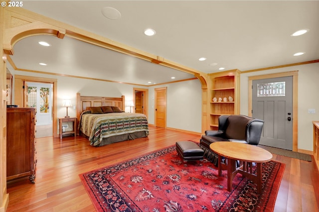 24780 Lavell Rd, Junction City, OR 97448 - bedroom with ornamental molding, light wood-style flooring, recessed lighting, and baseboards