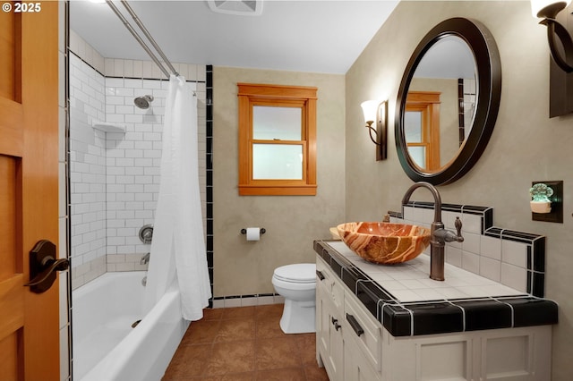 24780 Lavell Rd, Junction City, OR 97448 - full bathroom with toilet, vanity, tile patterned floors, shower / bathtub combination with curtain, and a baseboard heating unit
