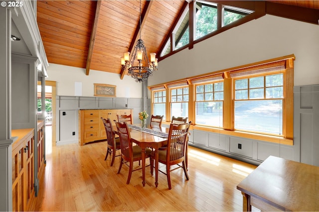 24780 Lavell Rd, Junction City, OR 97448 - dining area featuring a chandelier, light wood finished floors, high vaulted ceiling, and wood ceiling with exposed beams