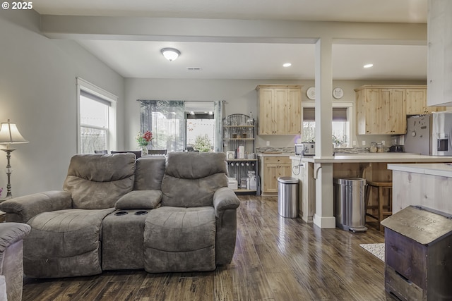 living area with a toaster, visible vents, dark wood-style flooring, and recessed lighting