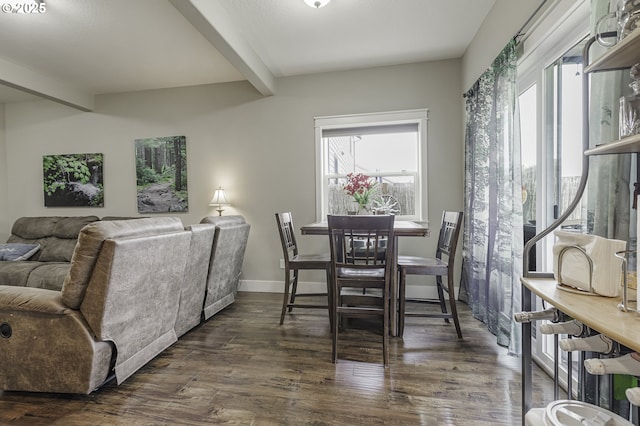 dining room with baseboards, dark wood-style flooring, and beamed ceiling