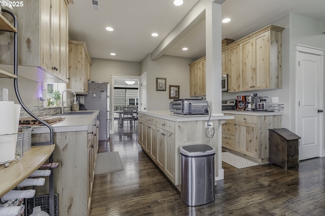 kitchen with appliances with stainless steel finishes, dark wood finished floors, and light brown cabinetry