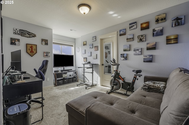 living room with carpet, visible vents, baseboards, and a textured ceiling