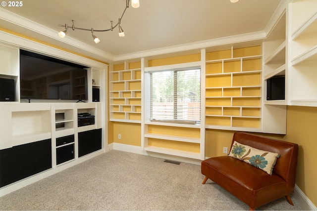 unfurnished room featuring carpet flooring, crown molding, built in features, and baseboards