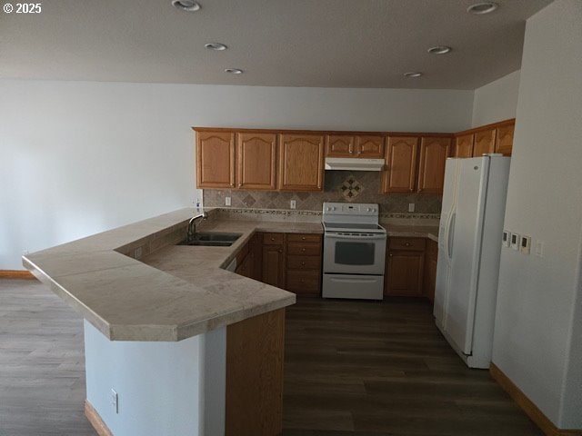 12174 SW Quail Creek Ln, Portland, OR 97223 - kitchen featuring white appliances, under cabinet range hood, a peninsula, dark wood-style flooring, and recessed lighting