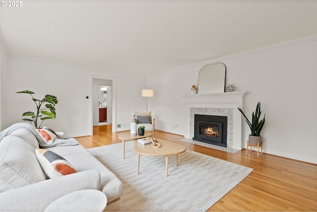 living area with light wood finished floors, a fireplace with flush hearth, ornamental molding, and baseboards