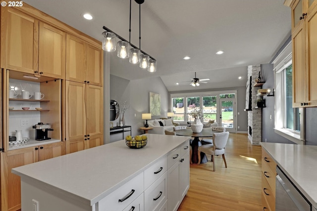 850 NW 114th Ave, Portland, OR 97229 - kitchen featuring stainless steel dishwasher, open floor plan, light wood-style flooring, light countertops, and a ceiling fan