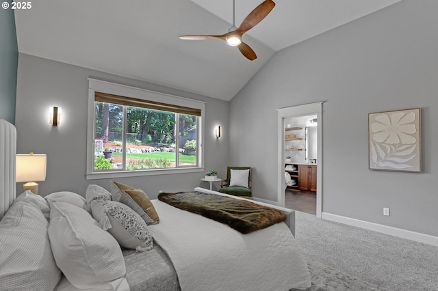 850 NW 114th Ave, Portland, OR 97229 - bedroom with vaulted ceiling, carpet floors, baseboards, ceiling fan, and ensuite bathroom