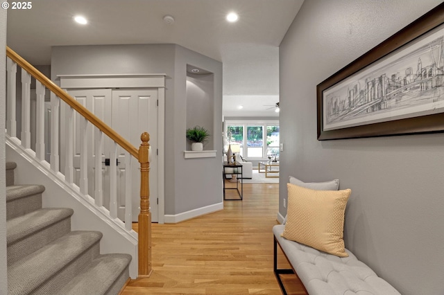 850 NW 114th Ave, Portland, OR 97229 - foyer entrance featuring light wood-style floors, stairway, recessed lighting, baseboards, and a ceiling fan