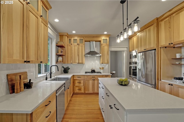 850 NW 114th Ave, Portland, OR 97229 - kitchen with appliances with stainless steel finishes, wall chimney exhaust hood, open shelves, recessed lighting, and a center island