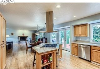 kitchen featuring light countertops, french doors, light wood-style floors, island range hood, and stainless steel appliances