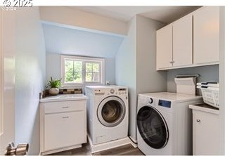 laundry area featuring cabinet space, wood finished floors, and washer and clothes dryer