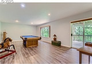 recreation room with pool table, recessed lighting, wood finished floors, and baseboards