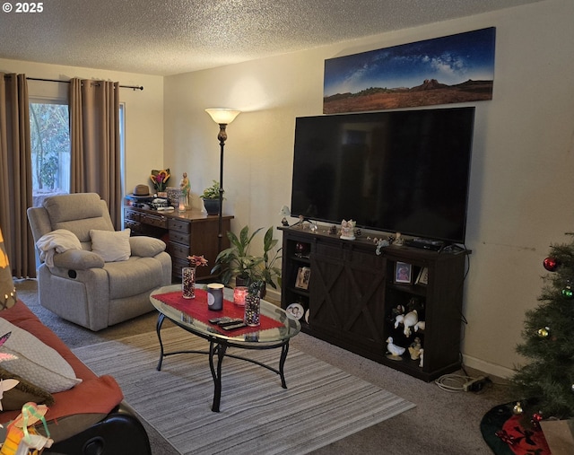 living room featuring a textured ceiling and light colored carpet