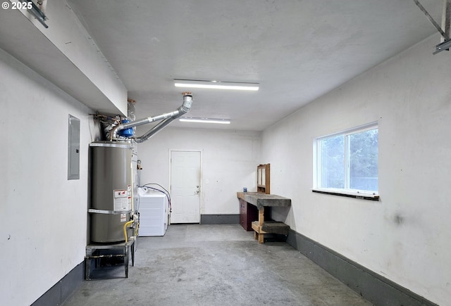 basement featuring secured water heater and electric panel