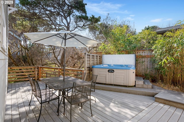 8917 Spindrift Ln, Manzanita, OR 97130 - wooden terrace featuring outdoor dining space and a hot tub